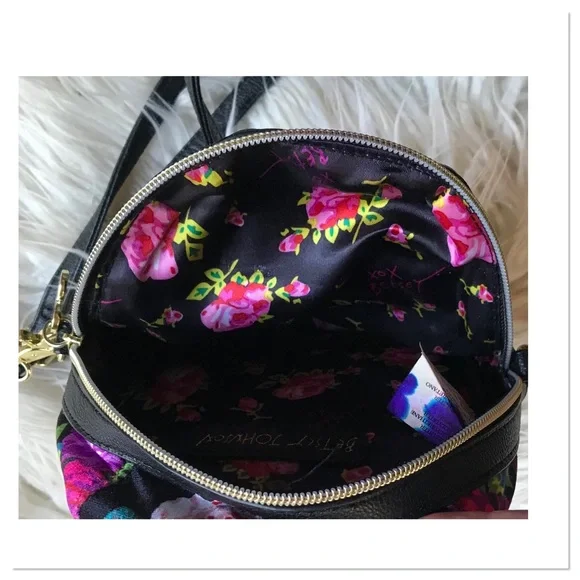 Betsey Johnson Mini Crossbody Purse Velvet Black Pink Floral Print - Picture 6 of 7